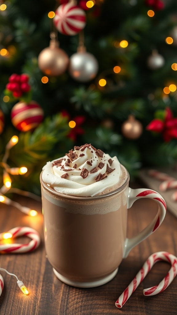 Festive Hot Chocolate Recipe for Christmas A festive mug of hot chocolate with whipped cream and chocolate shavings, surrounded by Christmas decorations.